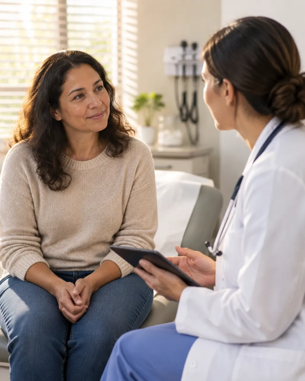 A clinician speaking with a seated patient during an appointment.