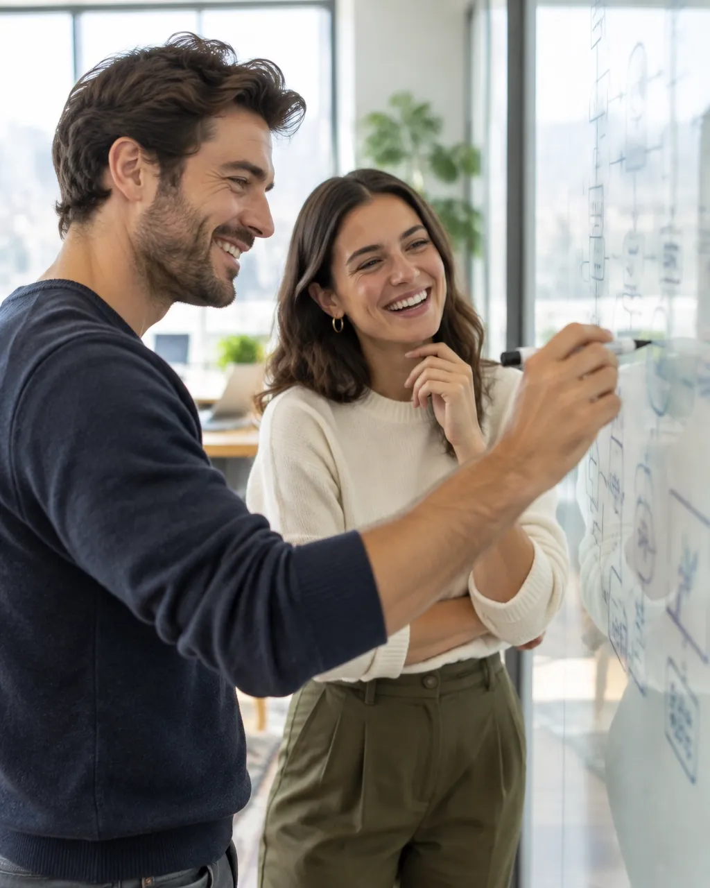 Two colleagues planning work together at a whiteboard.