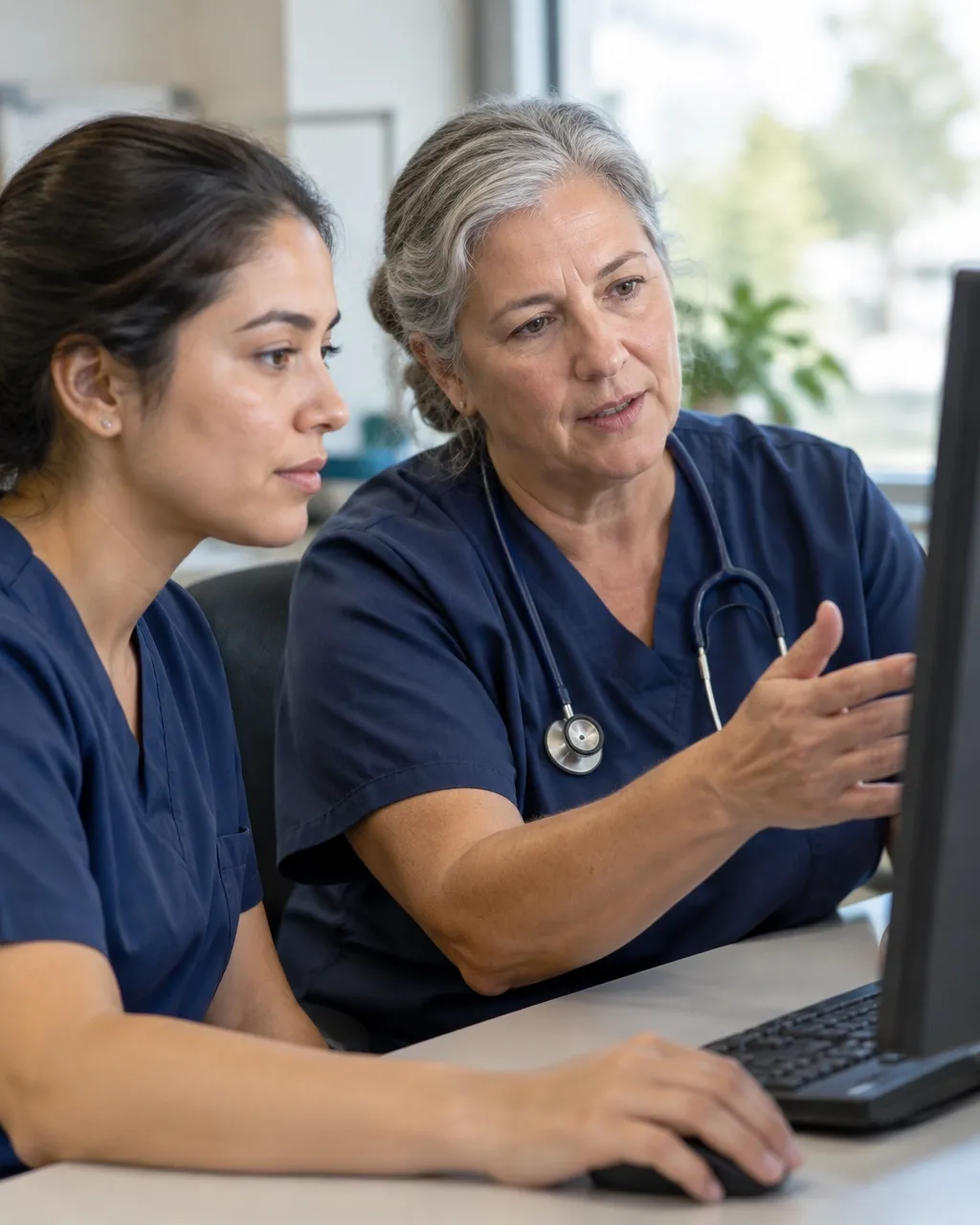 Two clinicians reviewing information together at a computer.
