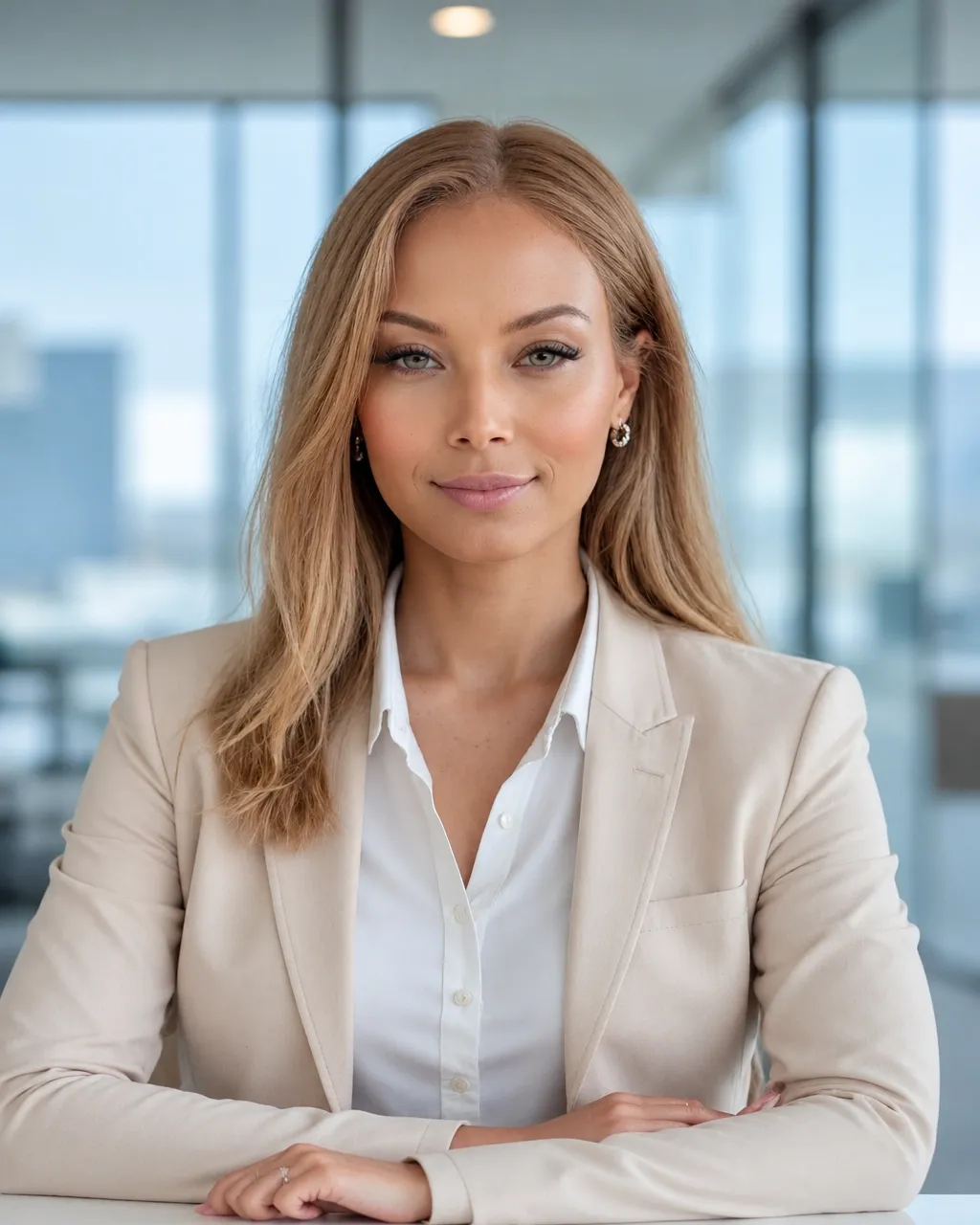 A woman in a light blazer seated in a bright office.