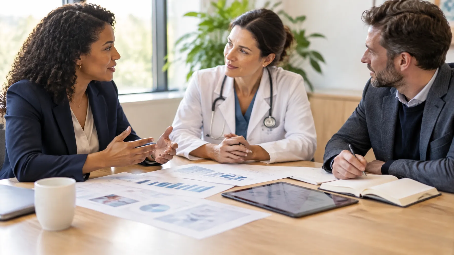 A healthcare administrator, a clinician and a consultant in discussion over documents at a table.