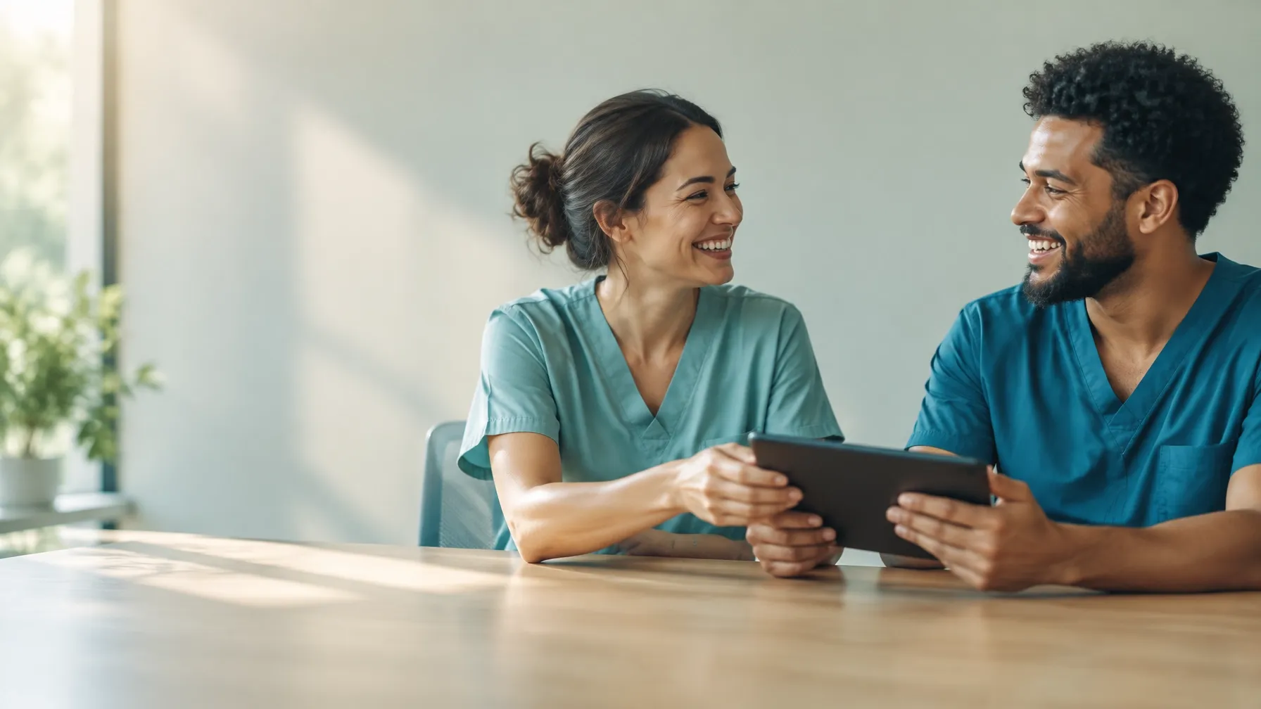 Two clinicians smiling together while reviewing a tablet in a bright care setting.